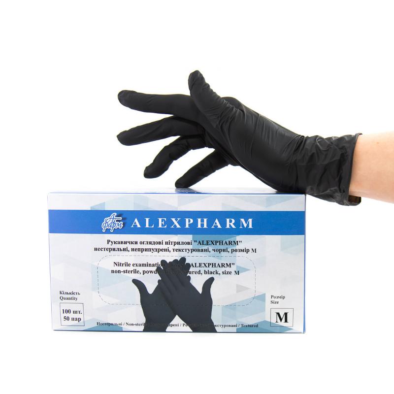 Рукавички оглядові нітрилові "ALEXPHARM", нестерильні, неприпудрені, текстуровані, чорні, розмір M